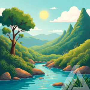Arte Digital de Paisaje Natural con Río y Montañas