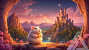 Arte de Fantasía Hamster y Castillo Mágico al Atardecer
