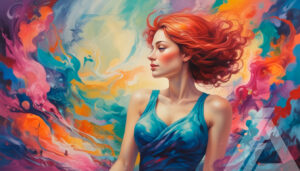 Ilustración Digital de Mujer con Cabello Rojo y Fondo Abstracto